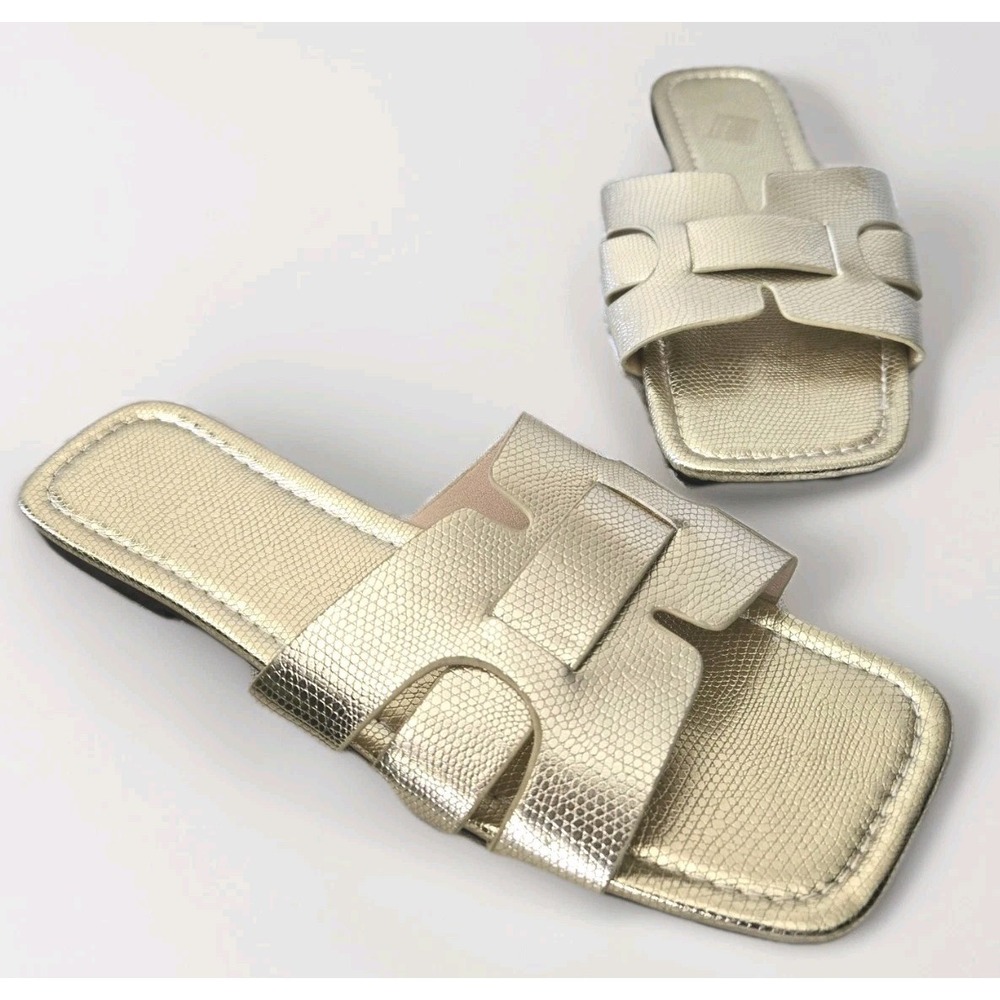Gold Slide Sandals Women's Sz 10‎ / 41 Slip On Slides Summer Flat Minimalist